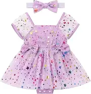 [ODASDO] Baby Girls Sparkle Star Ruffle Tulle Tutu Romper Dress with Bowknot Headband Set for Birthday Cake Smash Photoshoot