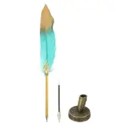 Feather Pen Quill, Feather Ballpoint Pen with Bronze Pen Holder, Cyan