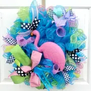 Summer Front Door Wreath Pink Flamingo Deco Mesh 24 inch Handmade Floral Decor