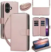 GoshukunTech for iPhone 16 Case Wallet Leather, for iPhone 16 Flip Case Wallet Cover Kickstand Zipper Purse 9 Card Holder with Wristlet Strap Crossbody Lanyard-Rose Gold