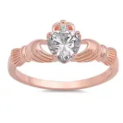 925 Sterling Silver 14K Rose Gold Plated CZ Heart Claddagh Ring 9MM