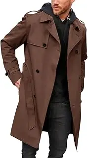 [Runcati] Men's Coat Double Breasted Trench Coat Long Lapel Business Jacket with Belt, Brown, M