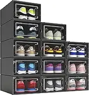 MELDEVO 12 Pack Shoe Organizer Boxes, Black Plastic Stackable Shoe Storage Bins For Closet, Space Saving Shoe Holder Sneaker Display Case for Medium Size Shoes