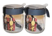 Simply Home Glass Jars Set of 2 w/ Spoons 1.5 Cups Spice Containers Gray New