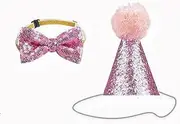 Novelty Pet Birthday Party Cone Hat and Bow Tie Collar Set, Adjustable and Pom-poms Topper for Kitten Puppy Small Dogs Cats (Pink, One Size)