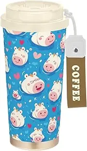 [Amooorous] Cute Cartoon Blue Hippo Decorative Travel Coffee Tumblers With Lid Traveling Coffee Mug Stainless Steel Thermal Cup For Hot Cold Drinks 17 oz Spill