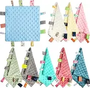 Kinlop 9 Pieces Baby Tags Security Blankets Baby Soothing Plush Blanket with Colorful Tags Soft Small Animal Nursery Bed Blanket for Baby, Square Sensory Toys for 3-12 Months Babies, 10 x 10 Inch