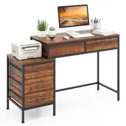 Costway 130cm 5 Drawers Vintage Gaming Computer Desk Metal Frame Table Cabinet Brown