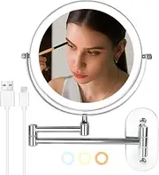 SEAEMIKO 8" Wall Mounted Lighted Makeup Mirror, 1X/10X LED Lighted Magnifying Mirror with 3 Colors, 360° Rotation Double Sided Extension Foldable Arm Rechargeable Makeup Mirror, Touch Dimming
