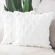 [Madizz] Pack of 2 Soft Plush Short Wool Velvet Decorative Throw Pillow Covers Luxury Style Cushion Case Pillow Shell for Sofa Bedroom Square White 18x18 inch