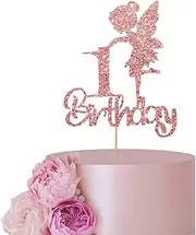 Rose Gold Fairy Happy 1st Birthday Cake Topper, Fairy One Sign Cake Topper, Baby Girl's Birthday/1st Anniversary Party Decorations Supplies