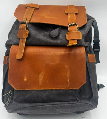 Endurax Men's Backpack Tan Gray Canvas Leather Flap Pocket Endurable Camera Bag