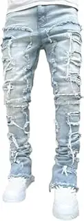 [Generic] Men's Stretched Ripped Distressed Destroyed Straight Fit Washed Denim Pants Regular Fit Stacked Patch Jeans