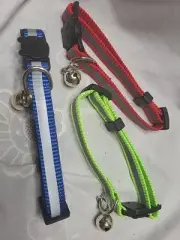 3 Small Cat kitten Dog Puppy Collar Neon Lime Green Bright Blue Red Bell Adjusts