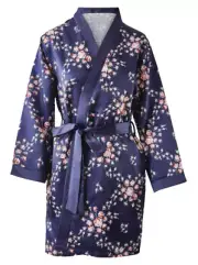 NWT Morgan Lane Women’s Navy Floral Pocketed Satin Robe Kimono S/M Small Medium