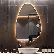 Frameless Irregular Wall Mirror With LED Light, Backlit Bathroom Mirror With LED Tri-colour Dimmable, Asymmetrical Water Drop Makeup Mirror, Vanity Mirror，Smart Touch Button,Two Installation Options (