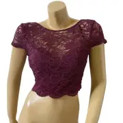 B DARLIN Womens Size 13/14 Burgundy Sparkly Lace Cropped Crop Top Shirt NWT New
