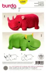 Burda Sewing Pattern 6560 Hippo Rhino Cuddly Soft Toy Softie Teddy NEW
