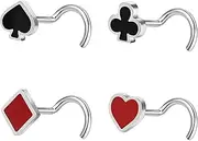 [ZS] 4Pcs Stainless Steel Corkscrew Nose Rings, 20G Poker Nose Rings Studs l Shaped, Lucky Nose Screw Bone Nostril Nose Piercing Jewelry Card Game Jewelry for Women Men