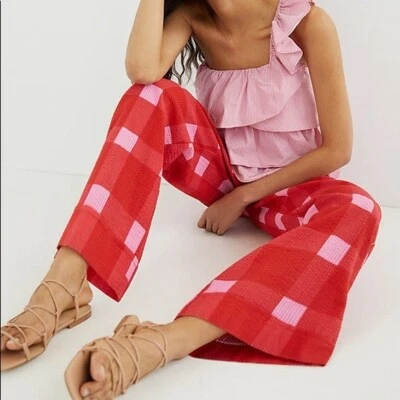NWT Anthropologie Porridge Red Preppy Plaid Wide-Leg Pants Womens Size M