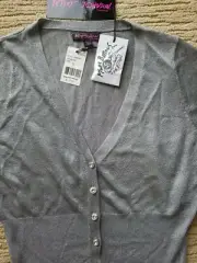 Betsey Johnson Shiny lurex silver Light knit top rhinestones buttons M/L holiday