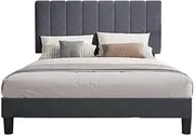 Royal Sleep Double Bella Velvet Headboard Bed Frame | Cypress Wood & Iron Steel Frame, No Box Spring Bed | Non-Slip Rubber Foot Pad & Integrated USB Bed Frame(Charcoal)