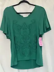 Women’s Emerald Top Sz M Keyhole Back W/Tie Rhinestones Casual Sparkle Boho