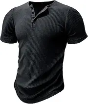 [Aosufei] Men's Knitted Stretch Muscle T-Shirt Button Up Solid Short Sleeve Tee Top Casual Moisture Wicking Athletic T-Shirts