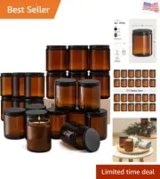 24 Pack, 8 OZ Thick Amber Round Glass Jars with Black Metal Lids - Empty Cand...