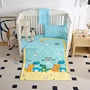 QuDez Dinosaurs Happy Birthday Toddler 100% 4 Pcs Cotton Bedding Set for Boys and Girls - Toddler Bed Sheets and Reversible Comforter Set with Yellow, Green and Blue Dino Friends and Cars