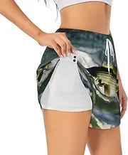 [WURTON] Bass Fishing Wave Print Exercise Gym Workout Shorts Women's Athletic Shorts Dual-Layered Yoga Running Shorts