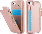 Cavor for iPhone SE 2020/ SE 2022 Phone Case Vertical Flip Cover for iPhone 7/8 Case PU Leather Wallet Credit Card Slots Holder Kickstand Zipper Stand Protective Cover for Women Girls-Rose