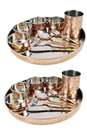 Indian Handmade Hammered Pure Copper Stainless Steel Dinnerware Thali set 10pcs