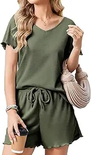 [Ekouaer] Waffle Pajama Sets 2 Piece Waffle Knit Lounge Set Ruffle Short Sleeve Pj Set Shorts with Pockets Women S-XXL