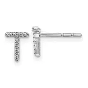 Solid 14k White Gold Simulated CZ Initial T Earrings