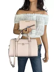 MICHAEL KORS TRAVEL MEDIUM DUFFLE SHOULDER CROSSBODY BAG MK LIGHT PINK + WALLET