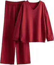 [Generic] Women's Sleepwear Loungewear Set V-Neck Knitted Pullovers High Waist Wide Leg Pant Lounge Set Tracksuits