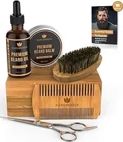 Premium Beard Grooming Kit for Mens Care - 100% Organic Unscented Beard Oil, Beard Brush, Dual Teeth Comb, Mustache & Beard Balm Butter Wax, Barber Scissors with Bamboo Gift Set & eBook