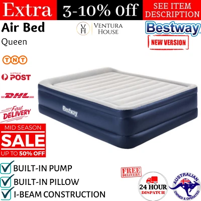 Bestway Air Bed Inflatable Queen Mattress Sleeping Camping Pillow Built In Pump