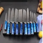 Blue Kitchen Chef Knives Set Stainless Steel Japanese Damascus Pattern Cleaver