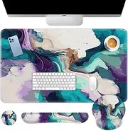 Britimes Keyboard Mouse Pad Set 4in1 Large Mousepad+Keyboard Wrist Rest+Mouse Wrist Rest+Coaster Set with Ergonomic Design for Home Office Computer 35.4x15.7Inches(Teal and Purple Liquid Marbling)