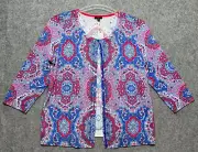 Talbots Sweater Womens 1X Blue Pink Boho Print Cardigan Soft Knit Light Travels