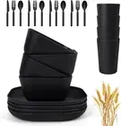 24 Piece Wheat Straw Square Dinnerware Sets for 4, Unbreakable Dinner Plates and