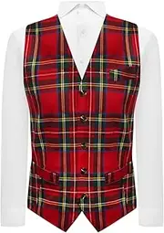 [King & Priory] Traditional Red & Yellow Tartan Check Tailord Fit Waistcoat, Scottish, Stewart, Burns Night