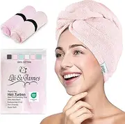 Lili&James | Cotton Hair Towel Wrap for Women | Quick Dry, Soft & Absorbent 10 X 26 Inches Hair Wrap Towels with Double Button | Anti Frizz, Non Microfiber Hair Turbans for Curly, Long & Thick Hair