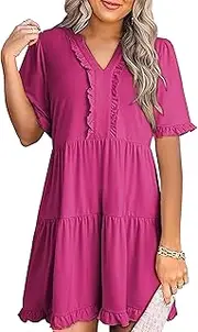 [Generic] Women's V-Neck Ruffle Tiered Mini Dress Short Sleeve Solid A Line Dress Casual Flowy Swing Shift Sundresses