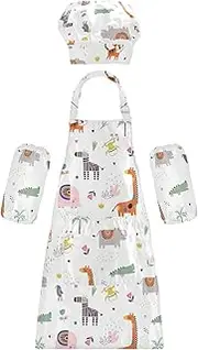 AIXIWAWA Kids Apron Chef Hat Set, Child Kitchen Bib Aprons Adjustable for Cooking Baking Painting (Tribal Cute Animals)