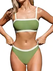 [CUPSHE] Women's Bikini Sets Two Piece Swimsuit Square Neck Color Block Bonded Cheeky Bottom Adjustable Straps, Sage Green/White, Small