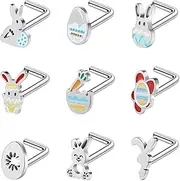 [BodyAce] 20G Easter Nose Studs Nostril Rings, Stainless Steel Nose Rings l Shaped Nostril Stud, Corkscrew Nose Piercings Jewelry in Cute Easter Eggs Bunny