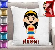 Personalised Superhero Girl Magic Sequin Cushion Cover Pillow 7 Colours